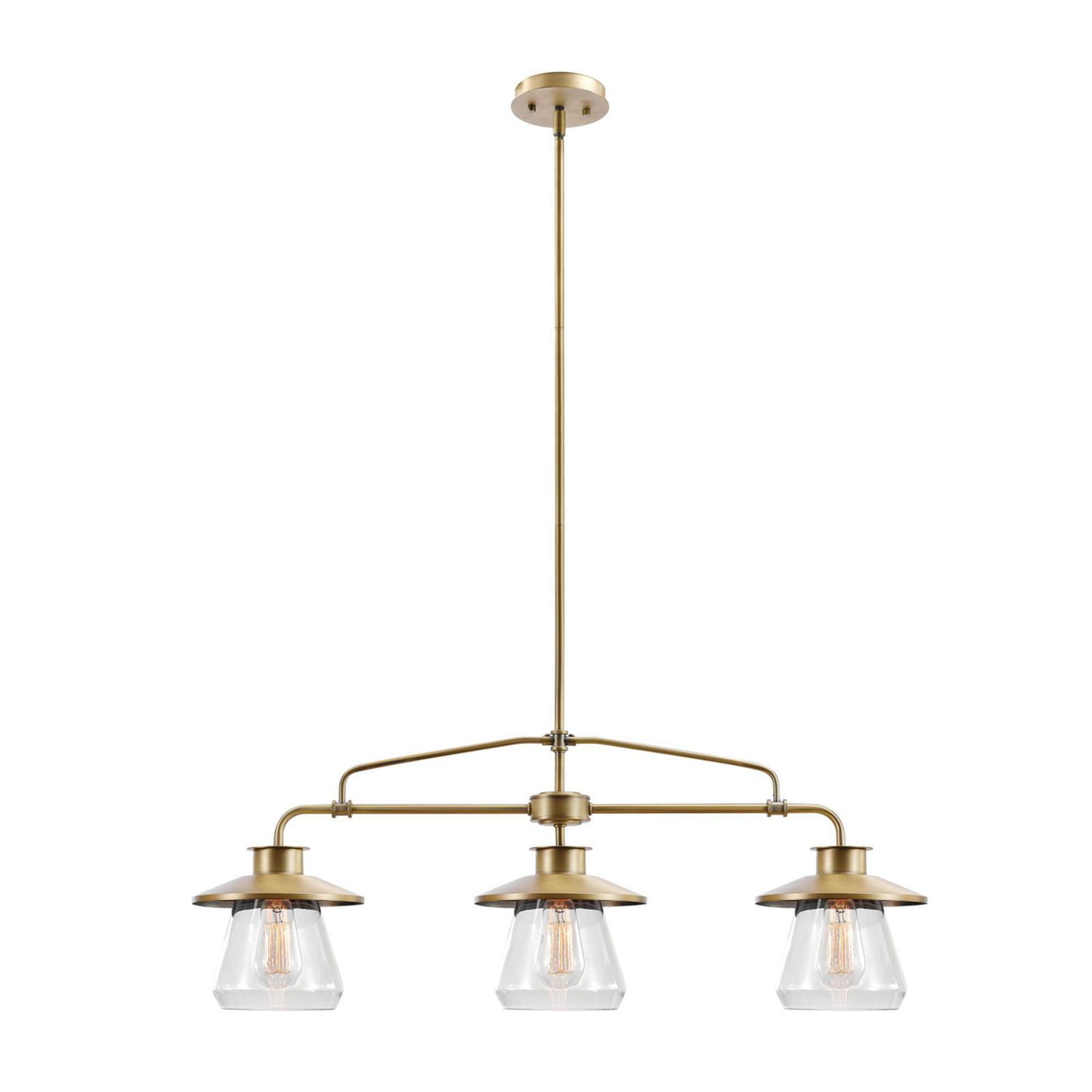 Nate 3 Light Pendant Brass Satin Finish Clear Glass Shades Nate 3 Light Pendant Brass Satin Finish Clear Glass Shades Image Zoomed