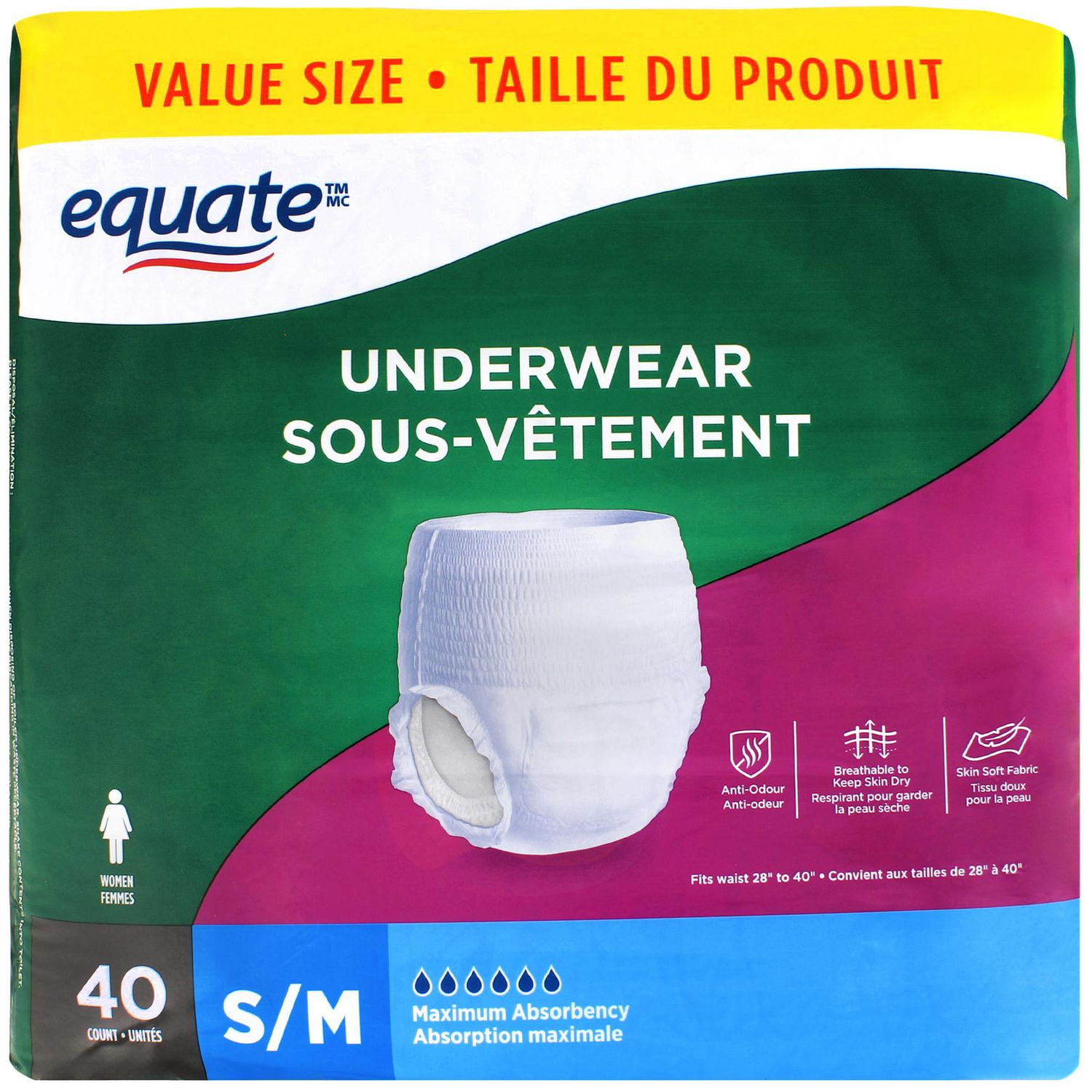 Equate Women’s Maximum Absorbency Protective Underwear, Small, 40 pairs