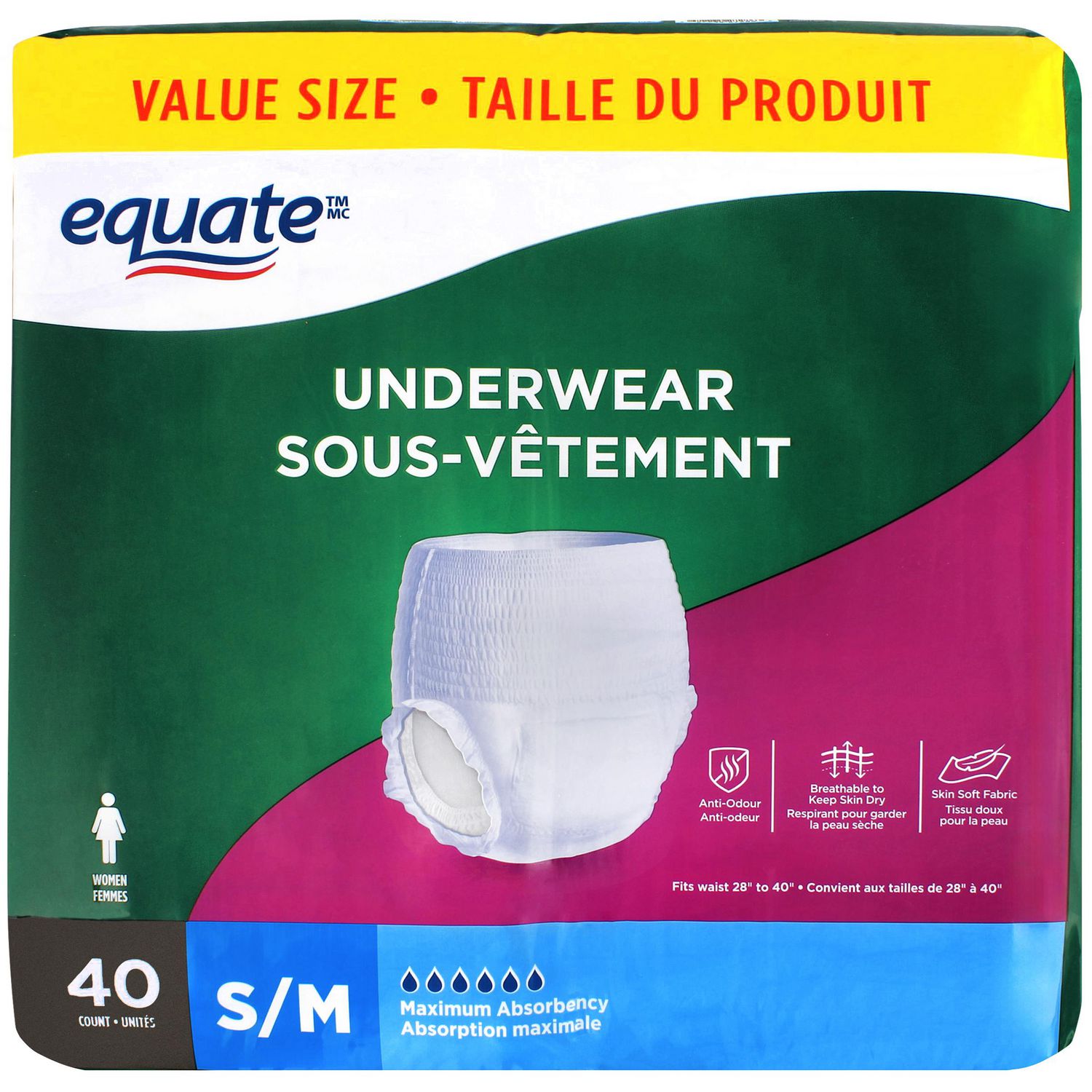 Equate Women’s Maximum Absorbency Protective Incontinence Underwear, Small pull-on women’s underwear with maximum absorbency and anti-odour protection, soft breathable fabric with 360° stretch, leak-guard cuffs and easy-tear sides; 40 pairs fit waists 28"–40" (71–102 cm). Often used for travel or overnight protection.