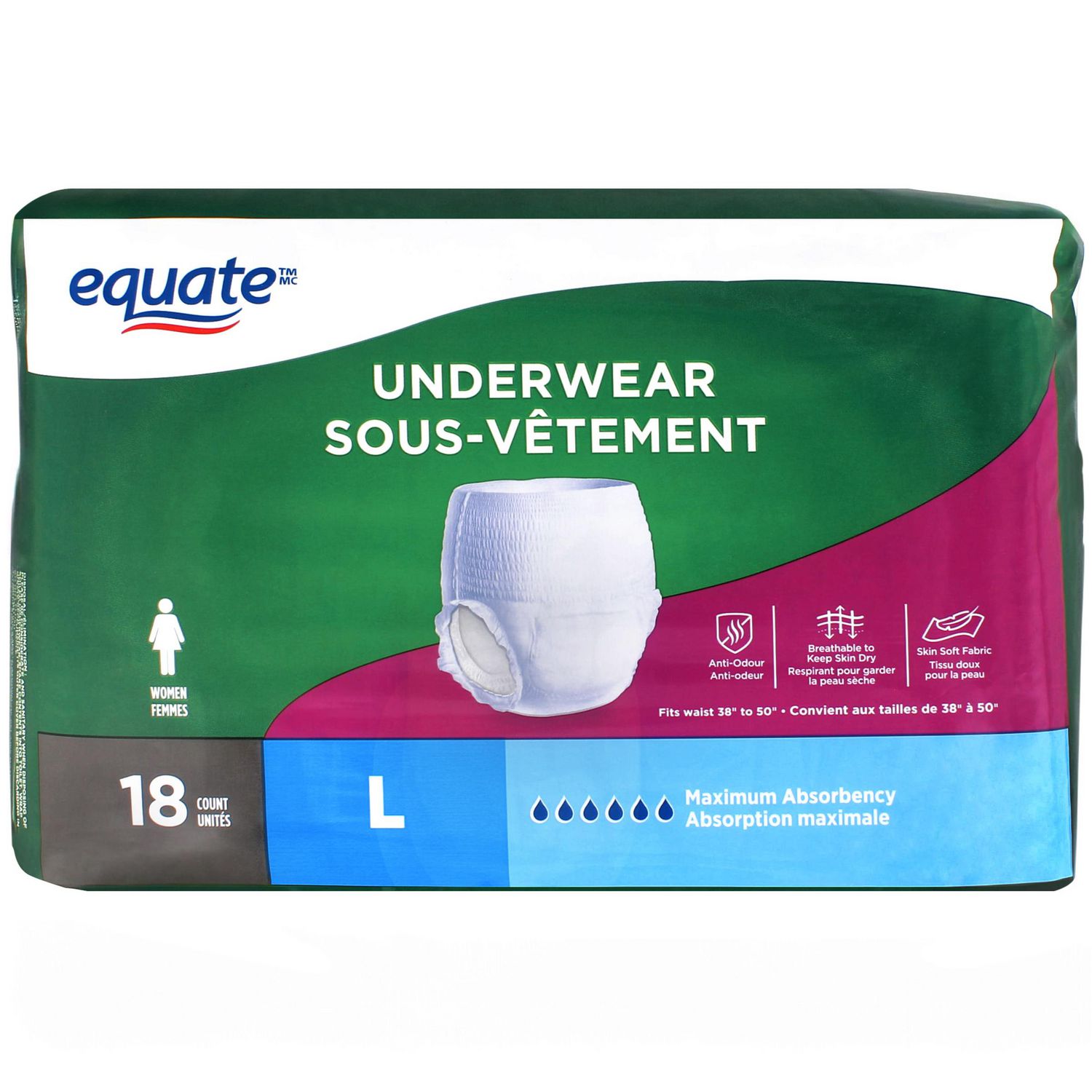 Equate Women’s Maximum Absorbency Protective Incontinence Underwear, Large