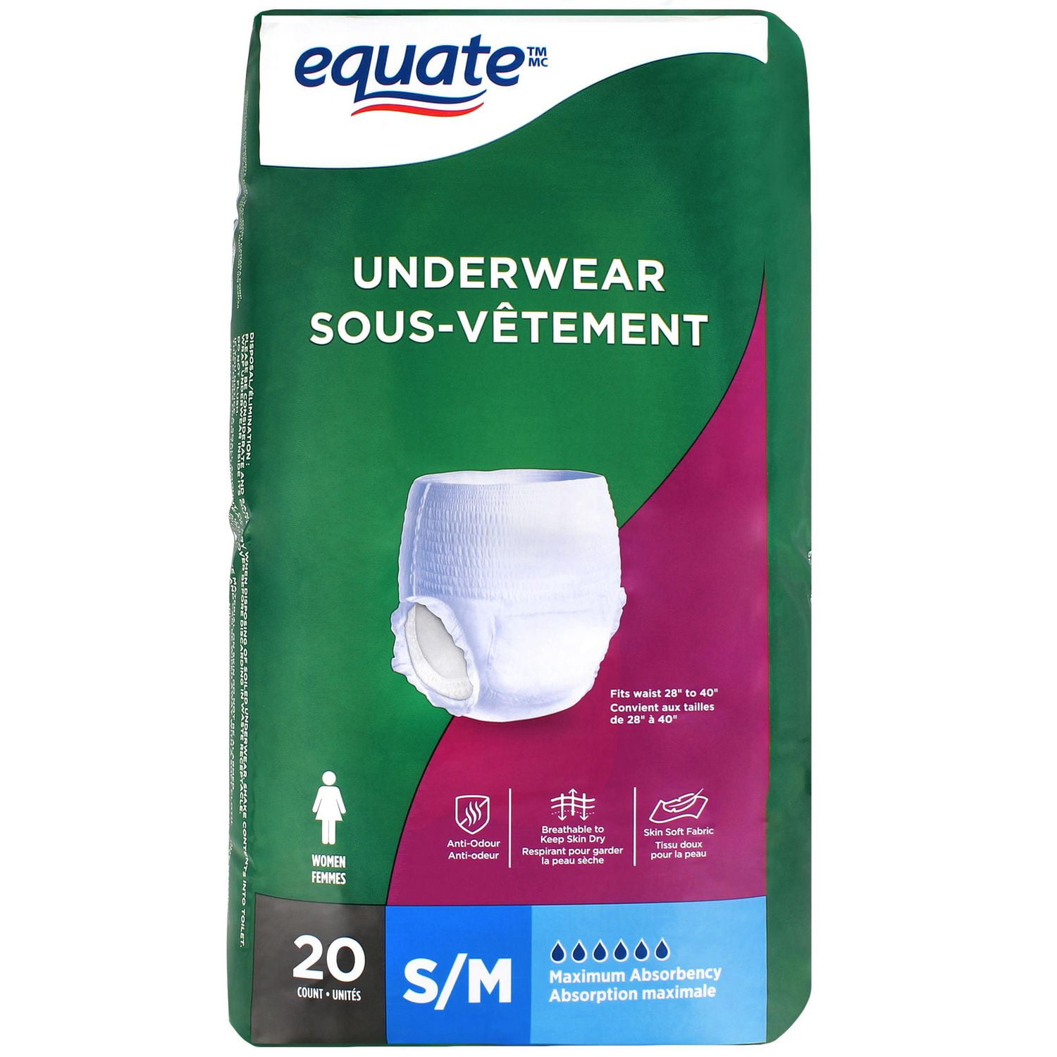 Sous-vêtements de protection à absorption maximale pour femmes Equate, Petit