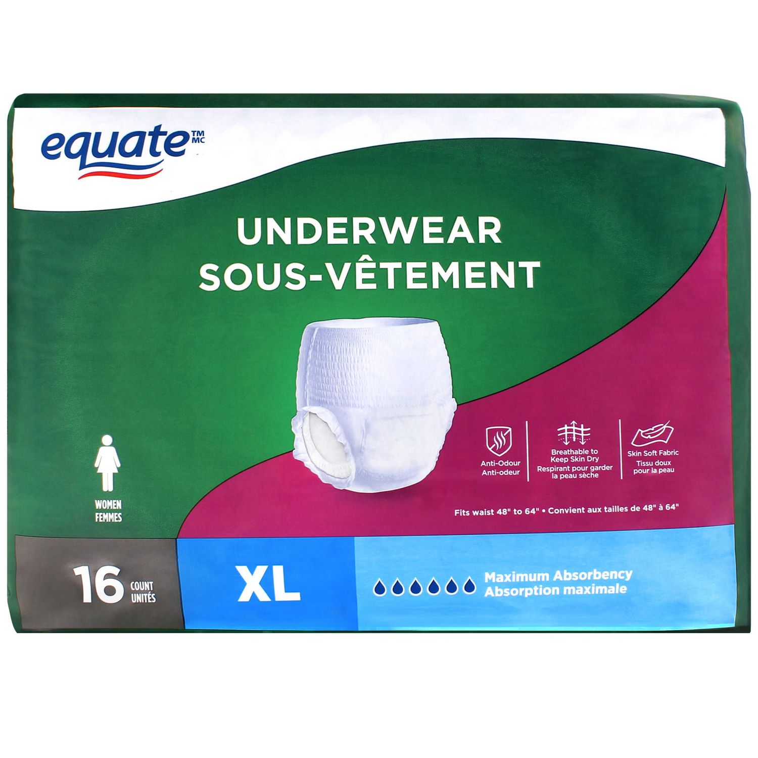 Equate Women’s Maximum Absorbency Protective Incontinence Underwear, Extra-Large pull-on incontinence briefs with maximum absorbency and wide absorbency core, soft breathable fabric with 360° stretch, leak guard cuffs and easy-tear sides; 16 pairs fit waists 48"–64" (122–163 cm). Suitable for discreet daytime or overnight wear.