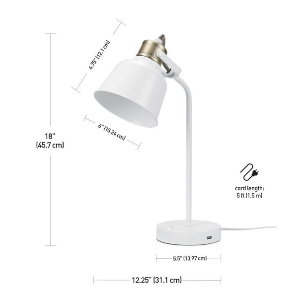 Lampe de bureau de 18 po de collection Dakota en blanc mat avec port USB 2.1