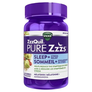 ZzzQuil PURE Zzzs Soulagement du stress Mélatonine Aide au sommeil Gummies, aide à réduire les symptômes du stress, Ashwagandha pour le soulagement du stress et aide au sommeil pour les adultes, 1 mg par gommy