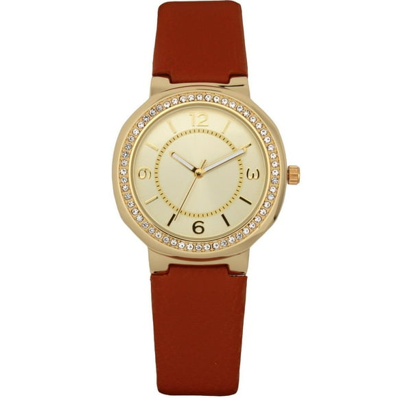 Elegant Women’s Watch – Gold Case with Crystals / Brown Strap