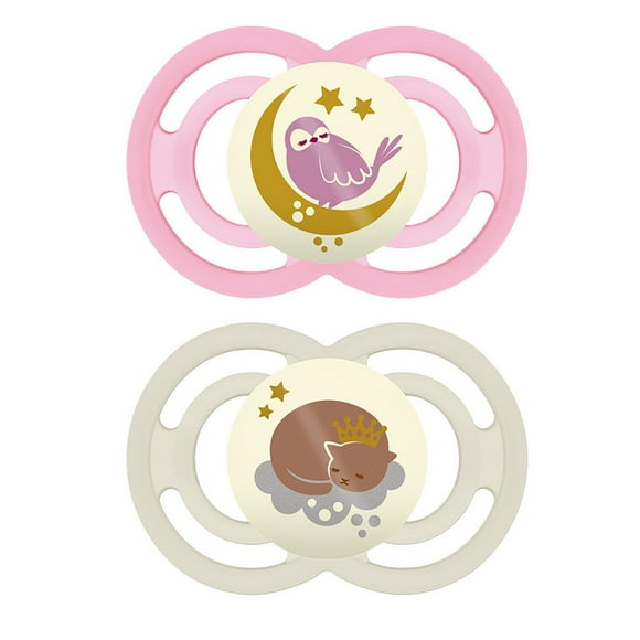 MAM Perfect Night Pacifiers, Glow in the Dark Pacifiers (2 pack, 1 Sterilizing Pacifier Case), MAM Pacifiers 16 Plus Months, Best Pacifier for Breastfed Babies, Baby Girl Pacifier
