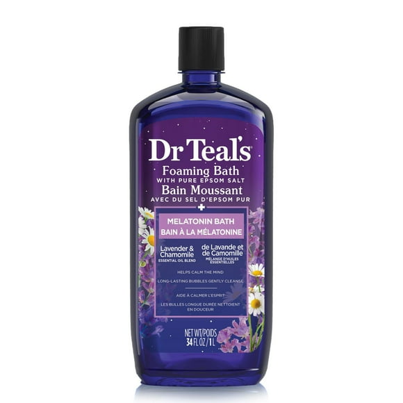 Dr Teal's Foaming Bath with Pure Epsom Salt, Melatonin Bath, Lavender & Chamomile Essential Oil Blend (Packaging May Vary), 34 fl oz / 1L