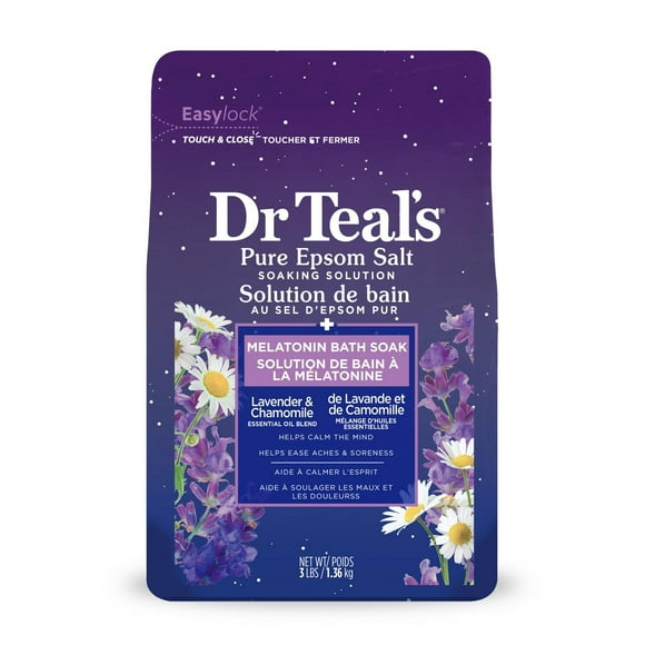 Dr Teal's Pure Epsom Salt Soak, Sleep Blend with Melatonin, Lavender & Chamomile Essential Oils (Packaging May Vary), 1.36kg / 3lb