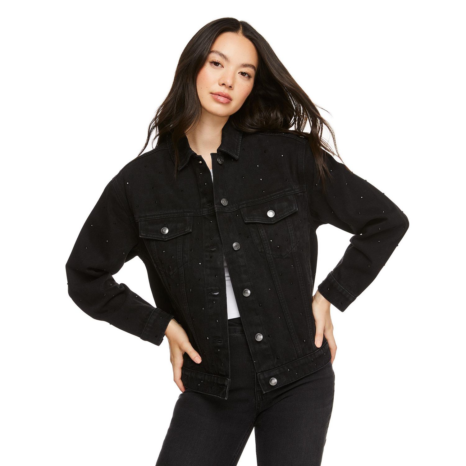 No Boundaries Women s Studded Denim Jacket Walmart