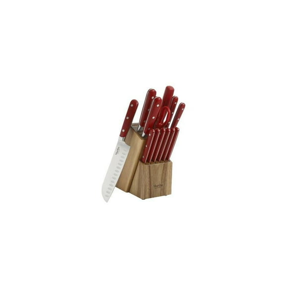 Martha Stewart 14 Piece Cutlery Set with Acacia Wood Block, Red