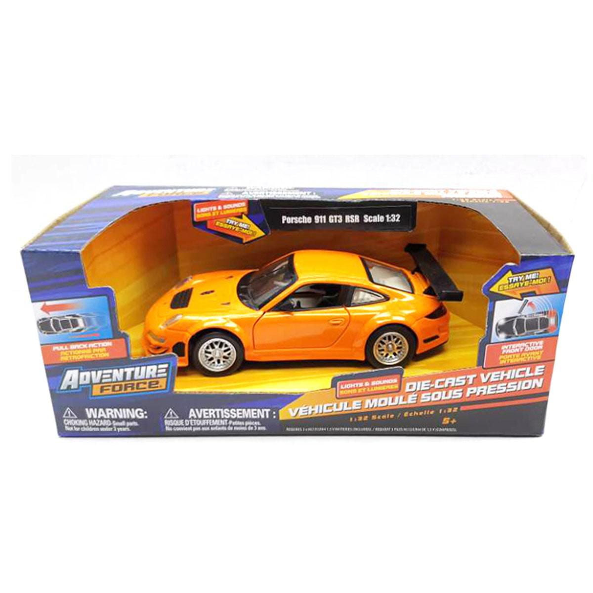 DIE CAST VEHICLE 1 32 SCALE DIECAST VEHICLE WITH SOUNDS AND LIGHTS PULL BACK ACTION INTERACTIVE FRONT DOORS FEATURE
