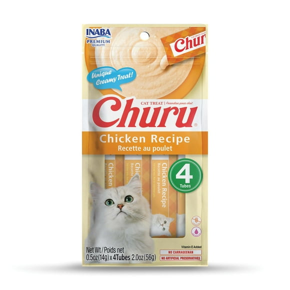 INABA Churu Cat Treats, Grain-Free Lickable Creamy Purée with Vitamin E - Chicken Recipe, 4 tubes 56g (4x14g)