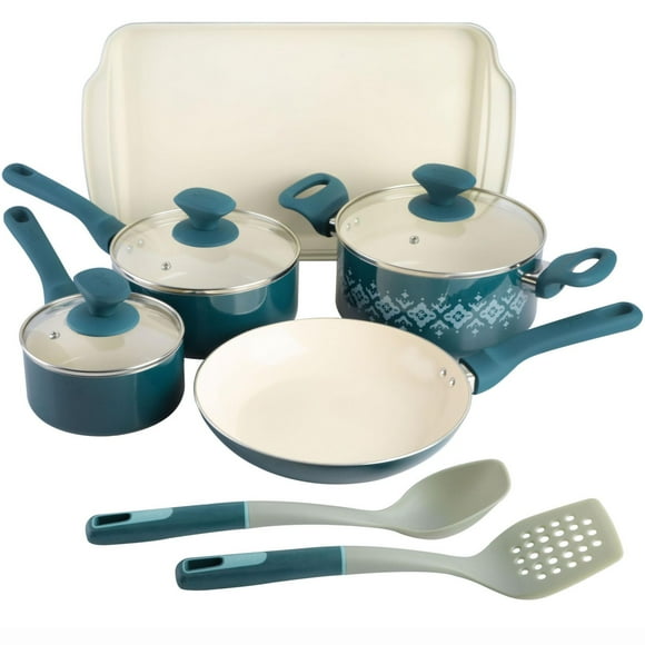 Tia Mowry 10 Piece Ceramic Nonstick Cookware Set, Teal