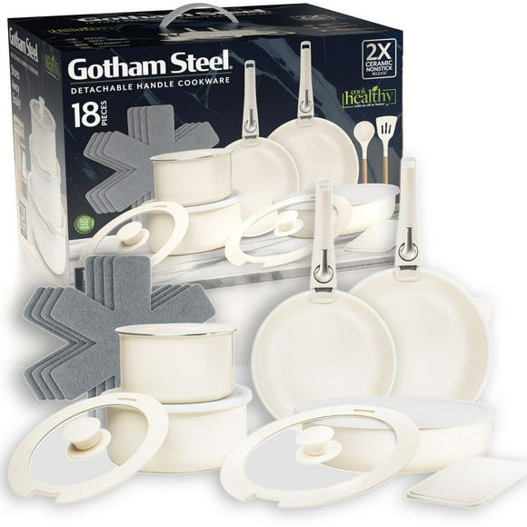 Batterie de cuisine antiadhésive en aluminium et céramique Gotham Steel de 18 pièces avec poignée amovible, couleur crème
