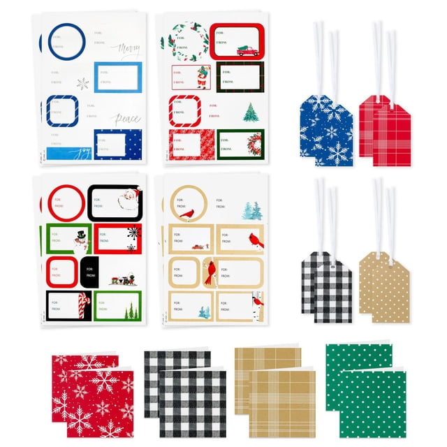 Hallmark Christmas Gift Tags with Ribbon, Sticker Seals, and Mini Notecards (Elegant Plaid, Snowflakes, Cardinals) for Gift Bags and Wrapped Presents