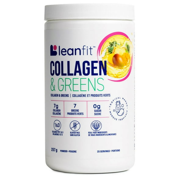 LEANFIT COLLAGEN & GREENS™ Tropical Mango 257g - 7g Grass-Fed Bovine Collagen (Type I, III) + 2 Seaweeds + 5 Leafy Greens Per Serving, Gluten-Free, Sugar-Free