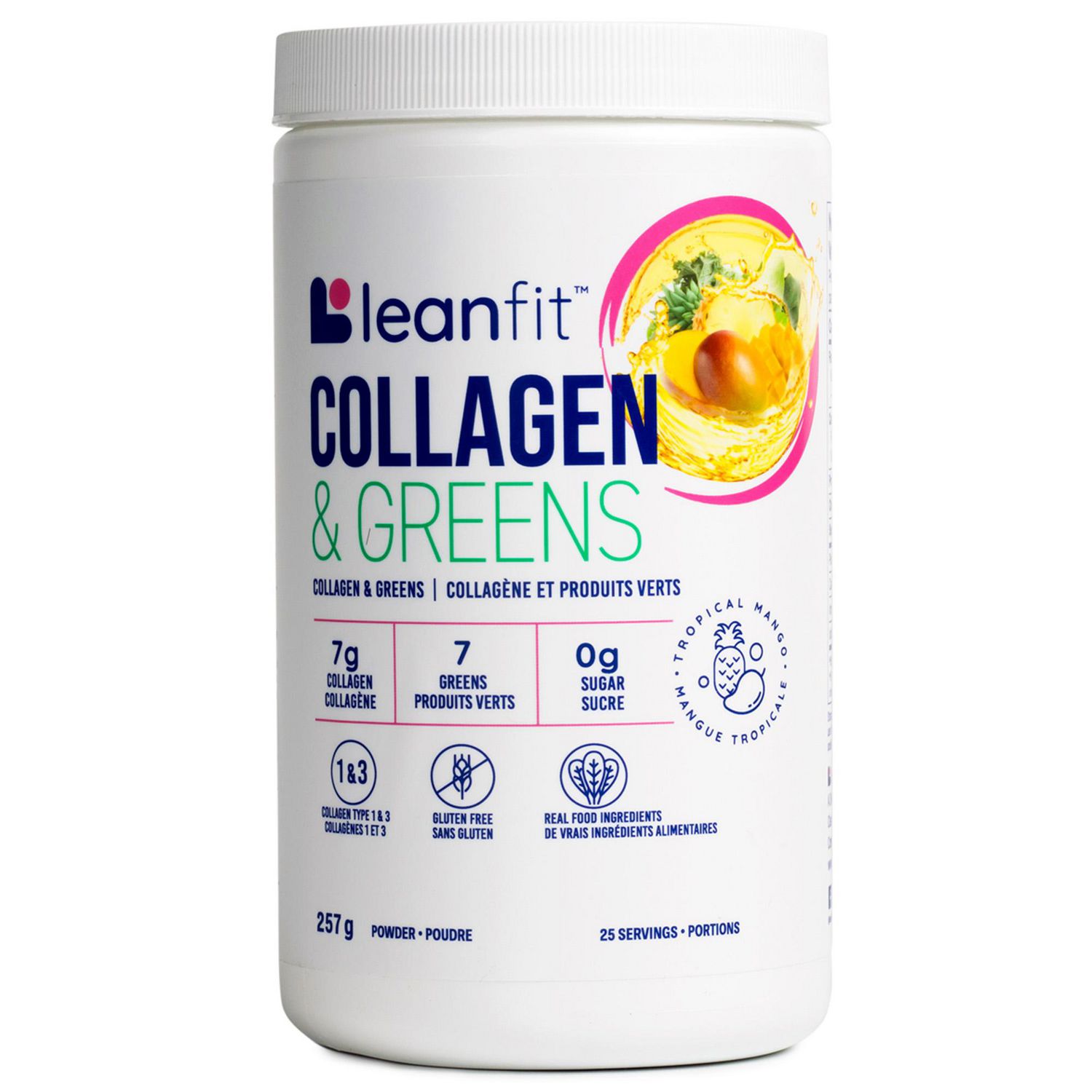LEANFIT COLLAGEN & GREENS™ Tropical Mango 257g - 7g Grass-Fed Bovine Collagen (Type I, III) + 2 Seaweeds + 5 Leafy Greens Per Serving, Gluten-Free, Sugar-Free