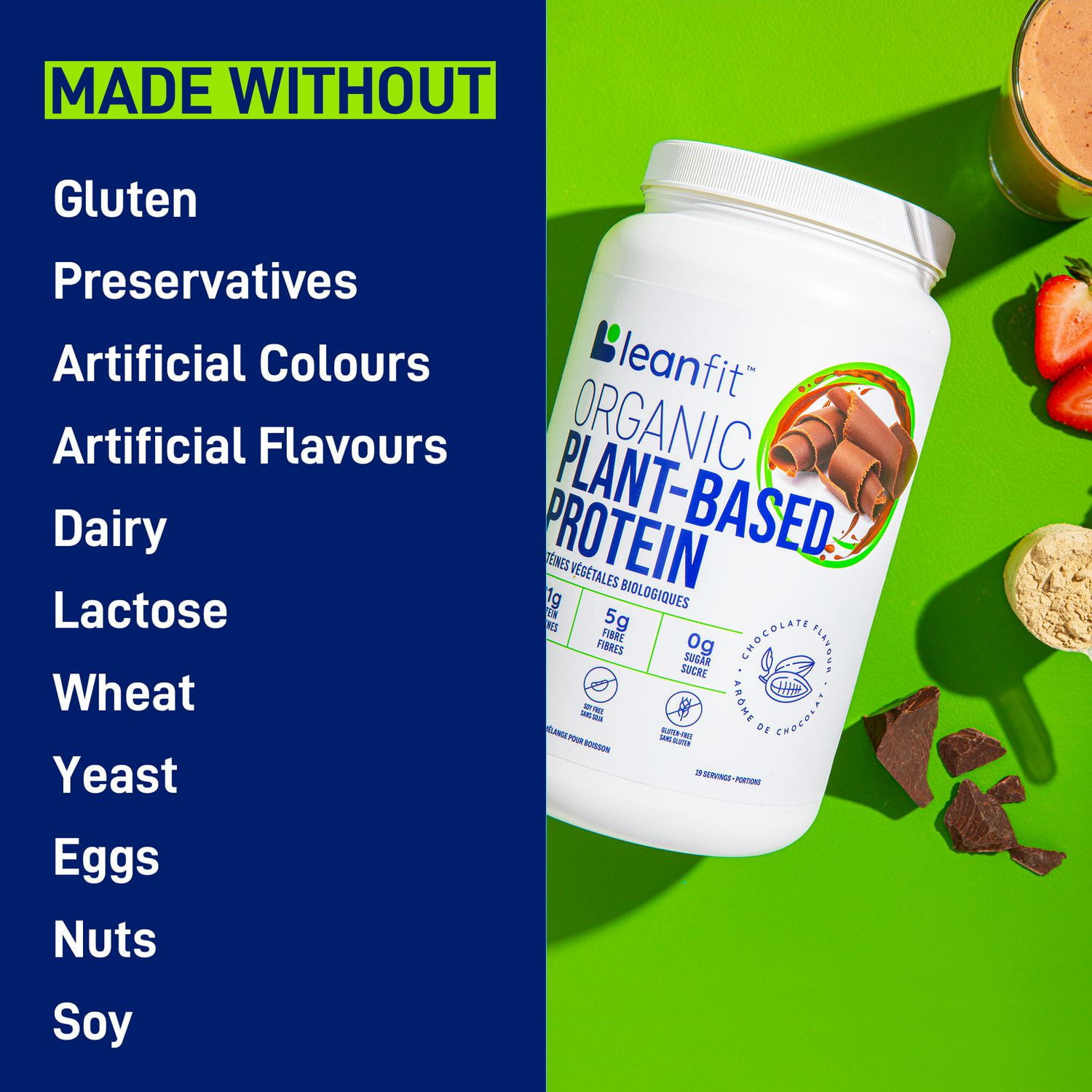 LEANFIT ORGANIC PLANT-BASED PROTEIN™ Chocolate 715g - Organic Plant Protein Powder, 21g Protein Per Serving, Vegan, Gluten-Free, Soy-Free, Non-GMO, Sugar-Free, Complete Amino Acid Profile