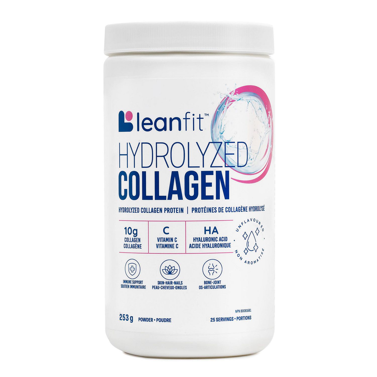 LEANFIT HYDROLYZED COLLAGEN™ Unflavoured 253g – 10g Grass-Fed Bovine Collagen (Type I, III) + Vitamin C + Hyaluronic Acid Per Serving for Healthy Skin, Hair, Bones, Joints & Immunity