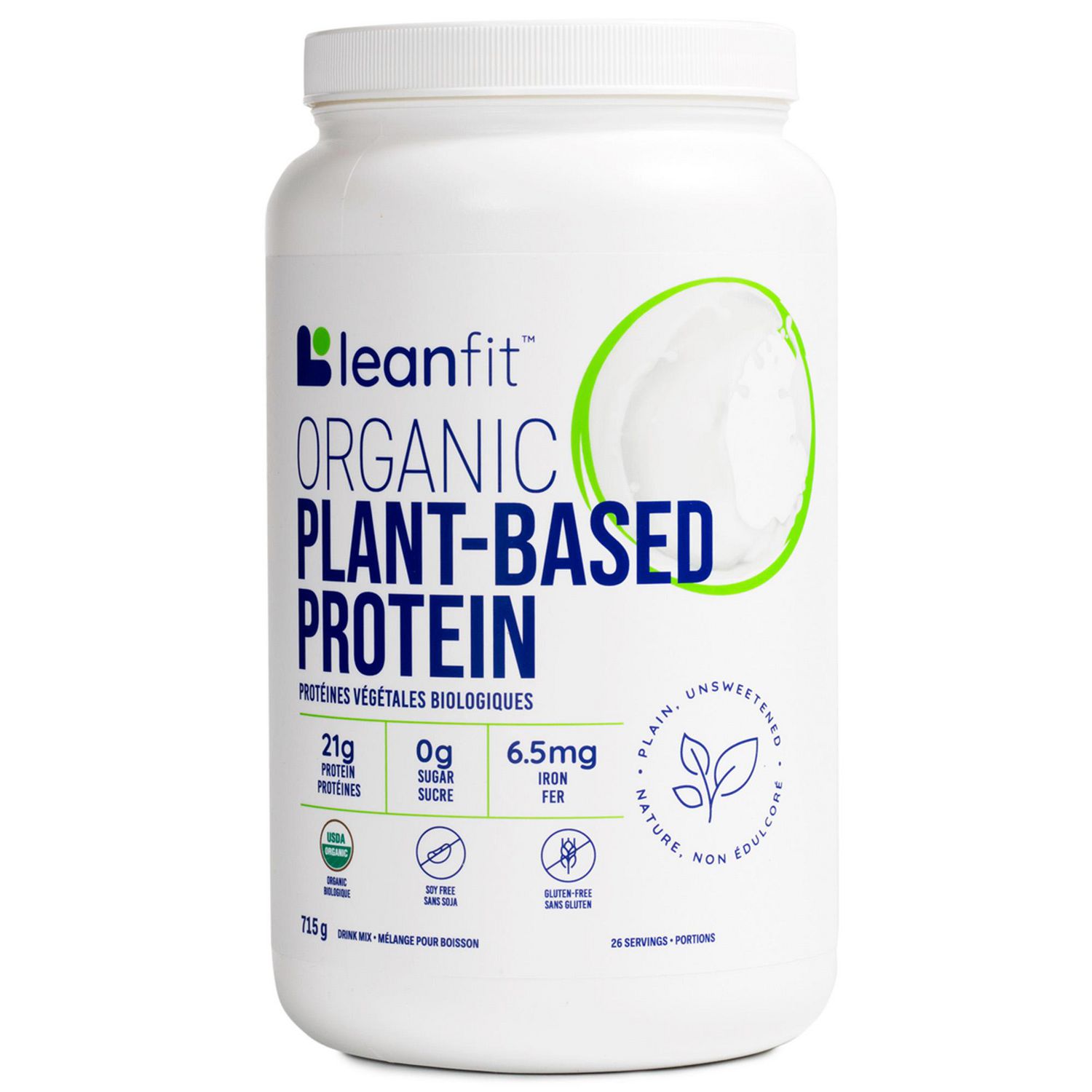 LEANFIT ORGANIC PLANT-BASED PROTEIN™ Plain, Unsweetened 715g - Organic Plant Protein Powder, 21g Protein Per Serving, Vegan, Gluten-Free, Soy-Free, Non-GMO, Sugar-Free, Complete Amino Acid Profile