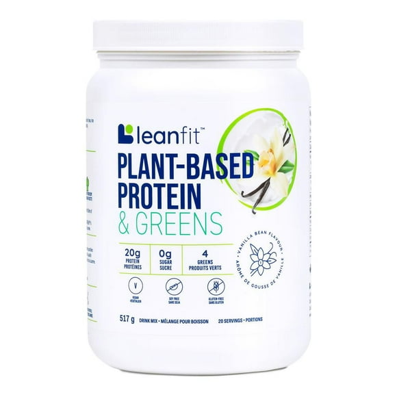 LEANFIT PLANT-BASED PROTEIN & GREENS™ Vanilla 517g - 20g Plant Protein + 4 Leafy Greens Per Serving, Vegan, Gluten-Free, Non-GMO, Soy-Free, No Sugar, Complete Amino Acid Profile, Size: 517g Tub (20 Servings)
