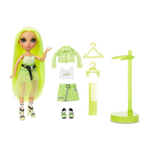Rainbow High Karma Nichols – Poupée-mannequin vert fluo avec 2 tenues complètes à agencer et associer