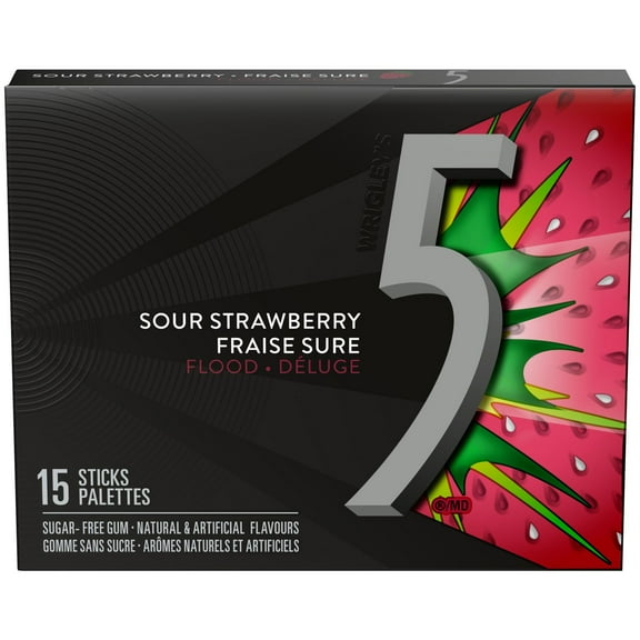 5 GUM, Strawberry-Flood Flavoured Sugar Free Chewing Gum, 15 Sticks, 1Pack