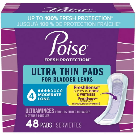 Poise Ultra Thin Incontinence Pads for Women, 4 Drop, Moderate Absorbency, Long, 48Ct