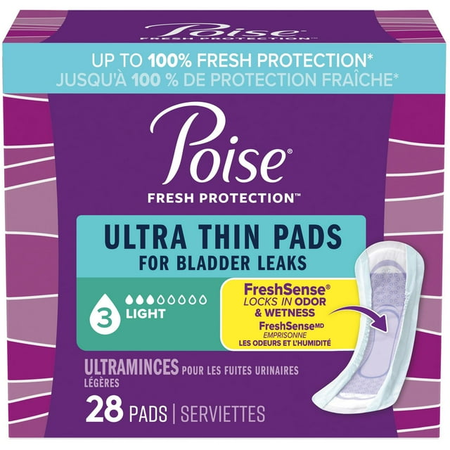 Poise Ultra Thin Incontinence Pads for Women, 3 Drop, Light Absorbency, Regular, 28Ct