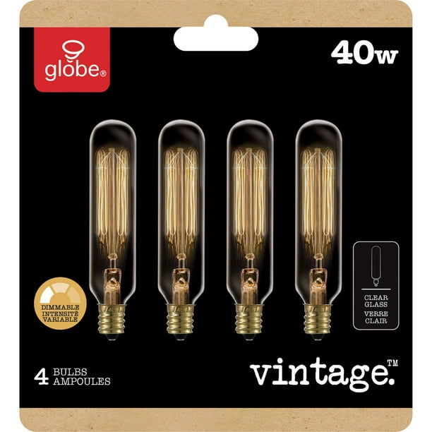40W Vintage Edison Mini Tube Clear Glass Dimmable Incandescent Light Bulb  4-Pack, E12 Base, 210 Lumens 