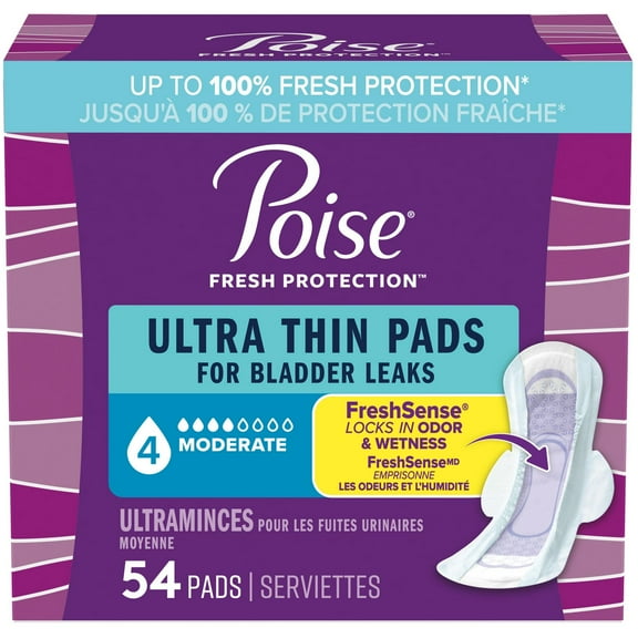 Poise Ultra Thin Postpartum Incontinence Pads with Wings, Moderate Absorbency, Regular Length, 54 Count