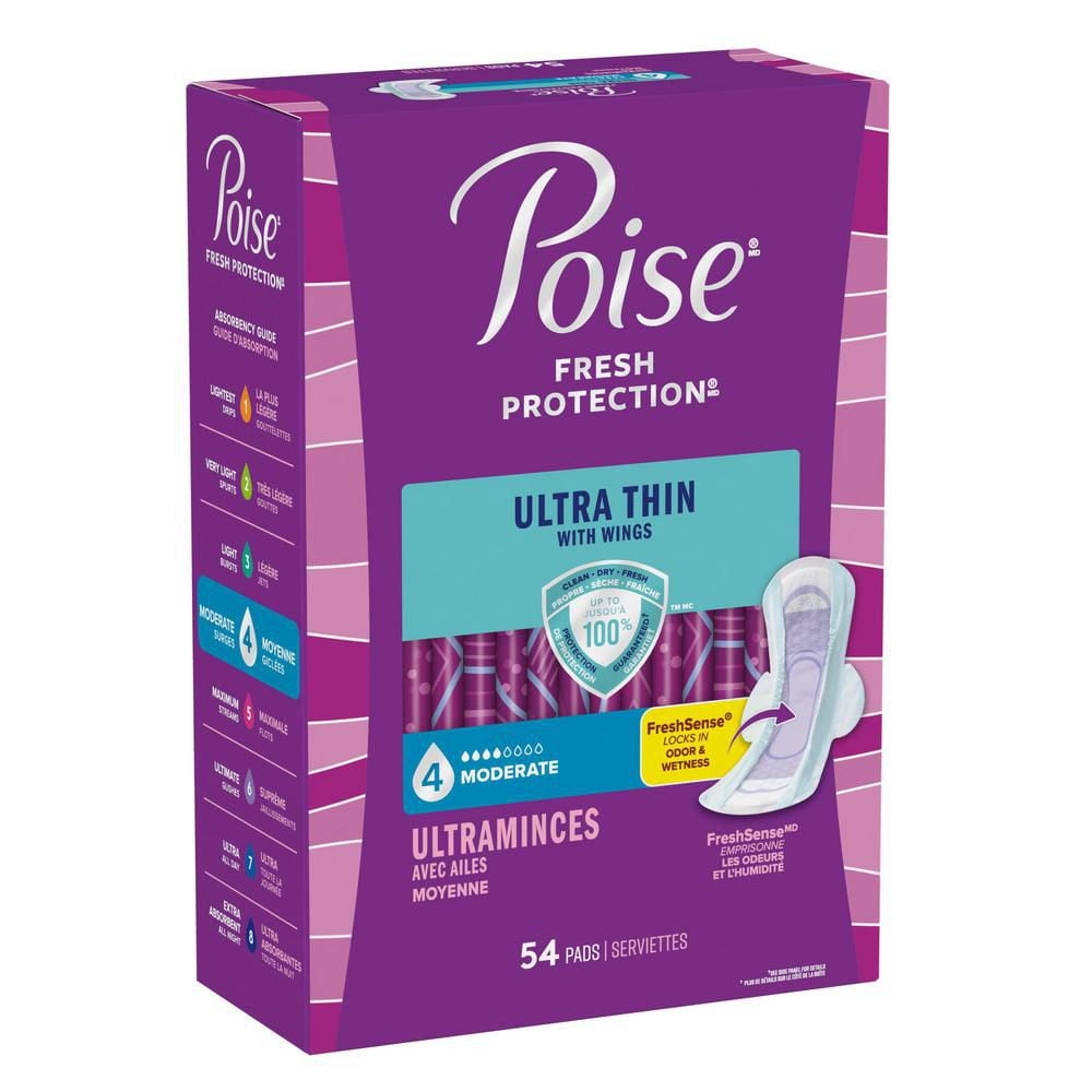 Poise Ultra Thin Postpartum Incontinence Pads with Wings, Moderate Absorbency, Regular Length, 54 Count