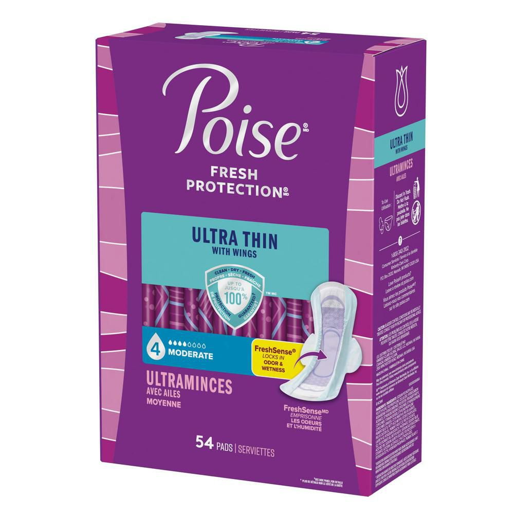 Poise Ultra Thin Postpartum Incontinence Pads with Wings, Moderate Absorbency, Regular Length, 54 Count