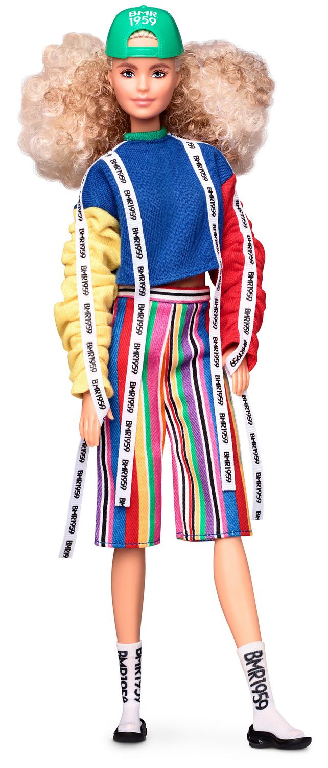 in Color Block Sweatshirt with Logo Tape Barbie BMR1959 Fashion Doll with Curly Blonde Hair with Accessories and Doll Stand Fully Poseable 