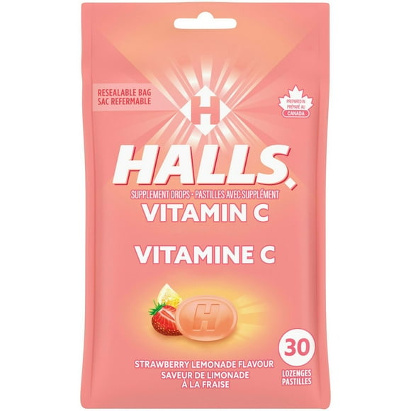 HALLS Vitamin C Strawberry Lemonade, Supplement Drops, 30 Lozenges