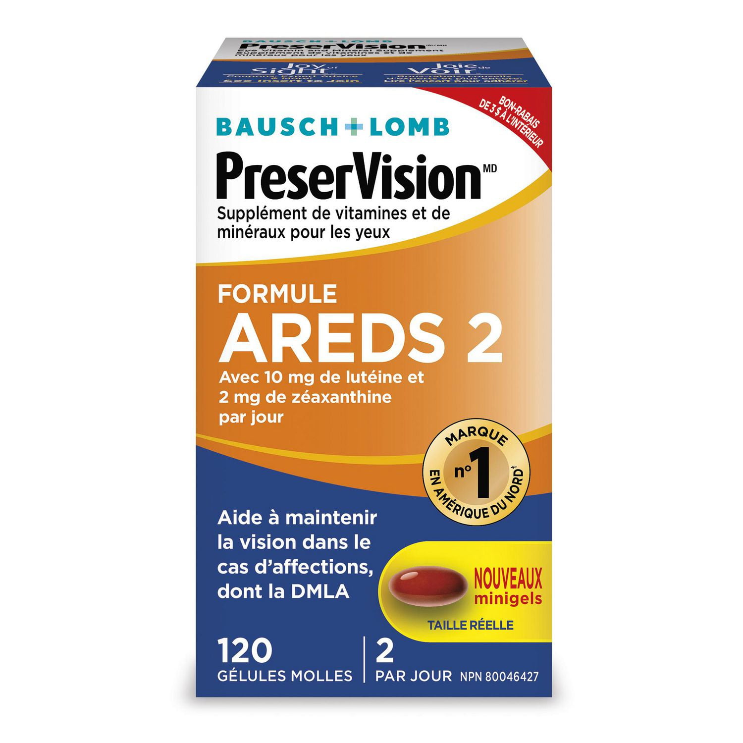 Supplément de vitamines et de minéraux pour les yeux en gélules PreserVision de Bausch + Lomb