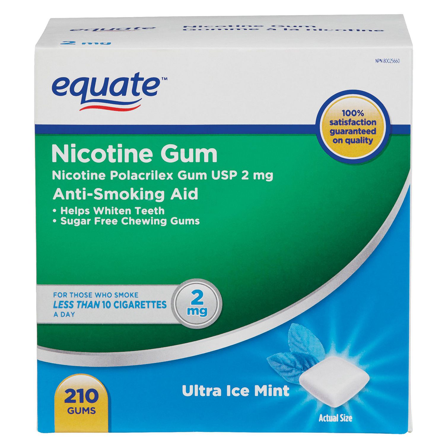 Equate Nicotine Gum Ultra Ice Mint 2mg 210ct rectangular retail box, front-facing view showing Equate logo, '2 mg' nicotine dosage, 'Ultra Ice Mint' flavor and '210 count' quantity on mint-blue packaging with small gum-piece illustration and printed usage directions visible.