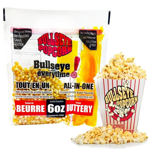 Bullseye Popcorn All-in-One Rich buttery movie theater taste for 6oz kettle / 226.8grams