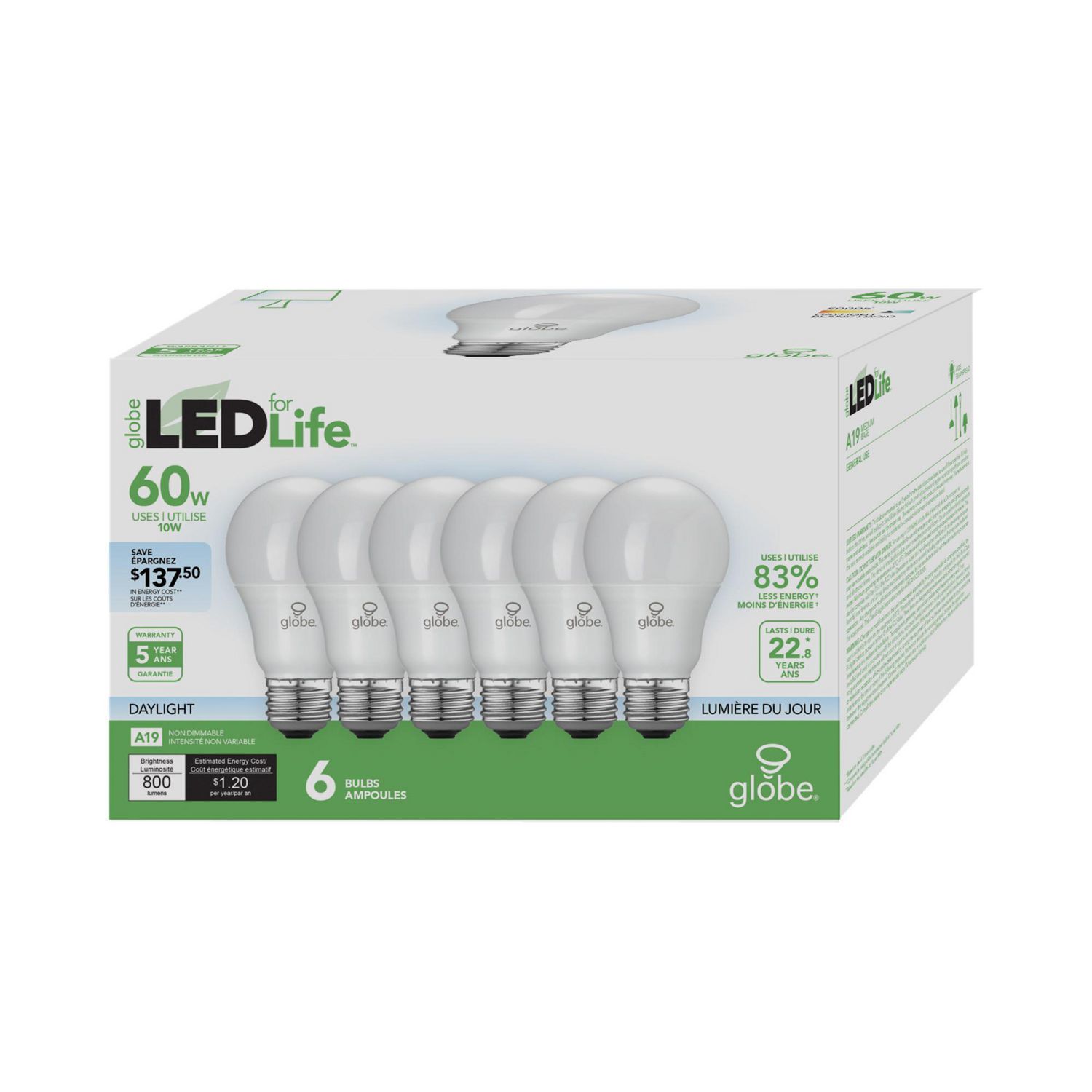 60W Equivalent Daylight (5000K) A19 LED Light Bulb 6-Pack, E26