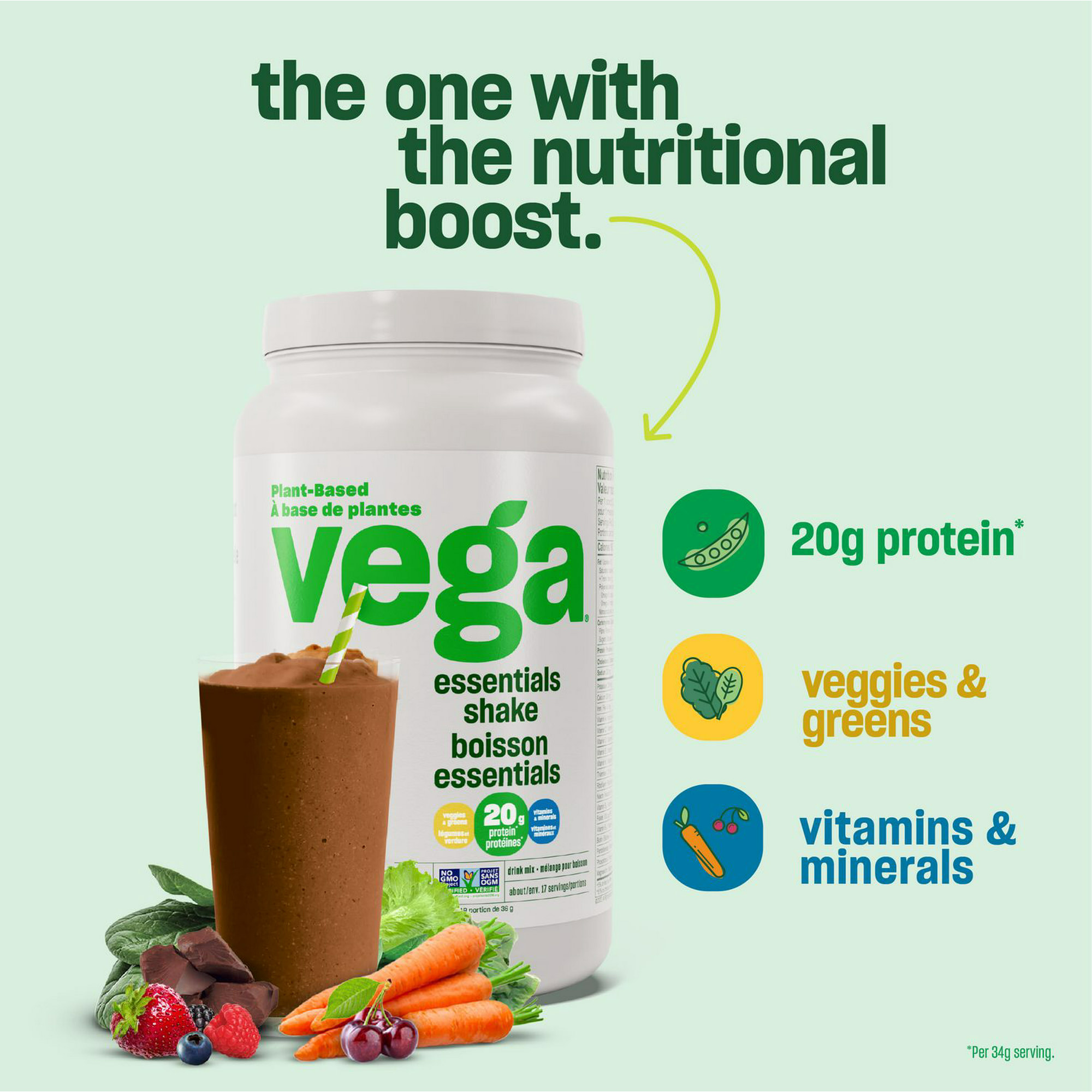 Vega Essentials Plant Protein Powder, Vanilla, 20g Protein, 18