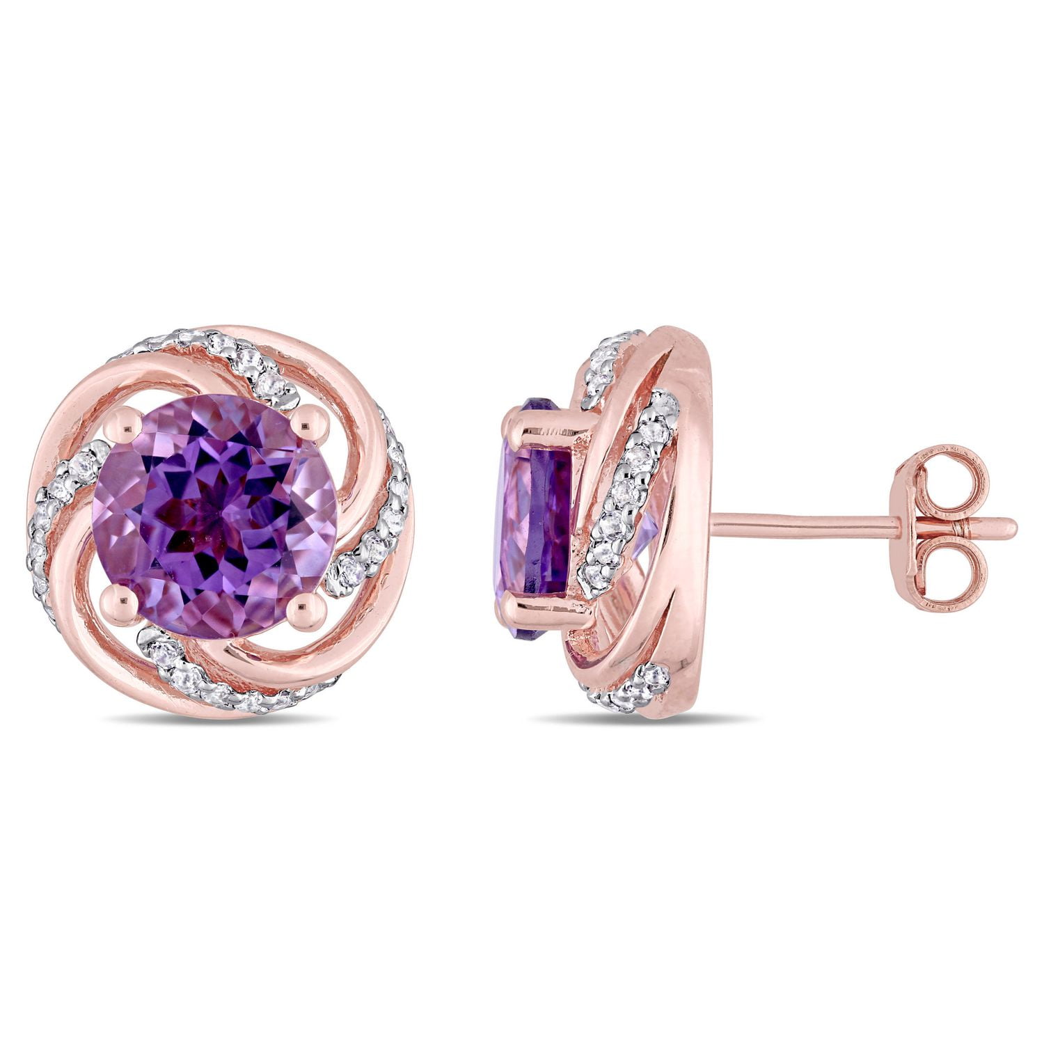 Tangelo 3-1/3 Carat T.G.W. Amethyst And White Topaz Rose Rhodium-Plated Sterling Silver Swirl Stud Earrings