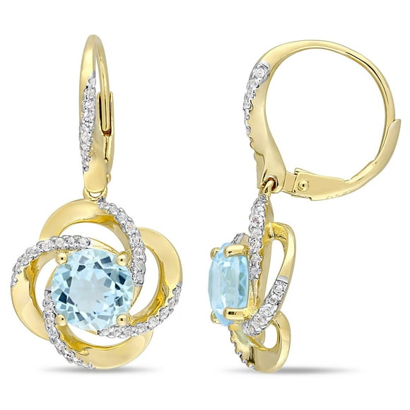 Boucles d'oreille torsadées Tangelo avec topazes bleues et blanches 5-1/4 CT PBT en argent plaqué de rhodium jaune