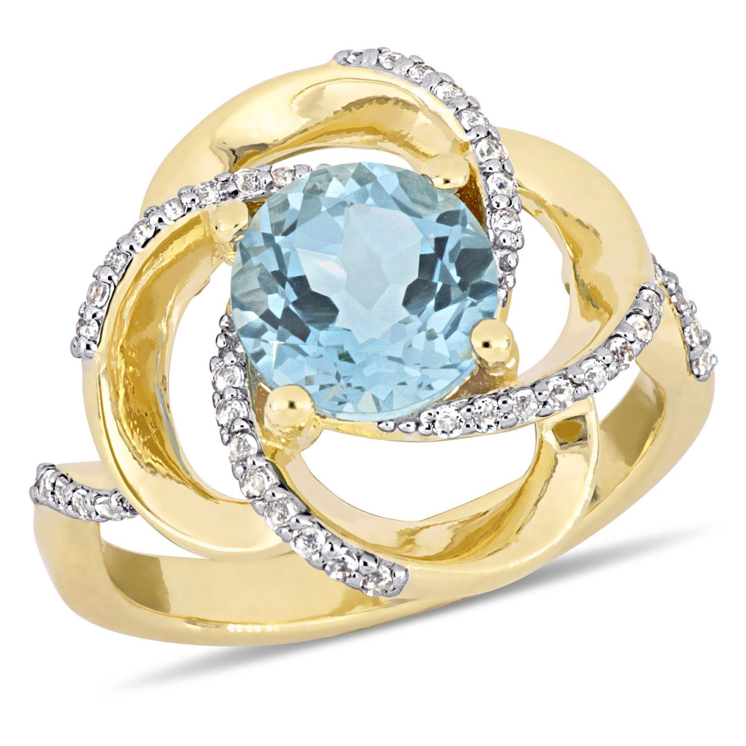 Tangelo 2-3/5 Carat T.G.W Blue and White Topaz Yellow Rhodium-Plated Sterling Silver Love Knot Swirl Ring