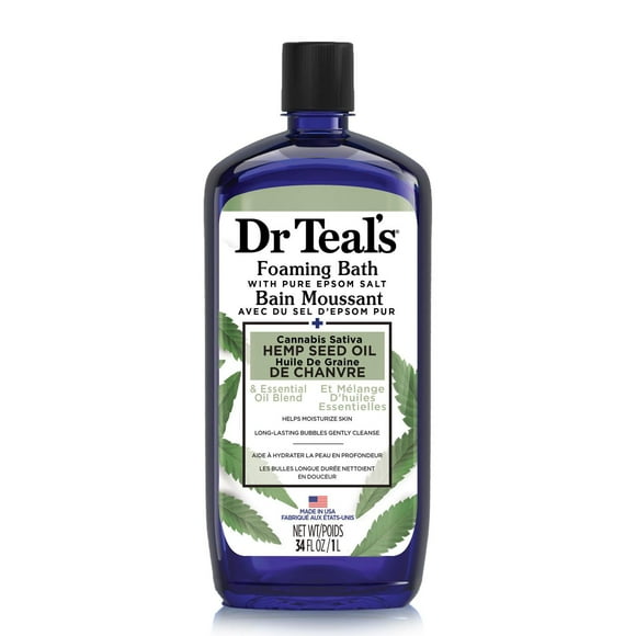 Dr Teal’s Foaming Bath with Pure Epsom Salt, Cannabis Sativa Hemp Seed Oil (Packaging May Vary), 34 fl oz / 1L