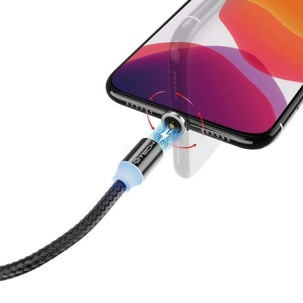 Câble de charge universel CJ Tech pointe magnétique 3 en 1 Micro USB, Type C  et Lightning Non MFI avec lumière LED 6 pi - Noir 