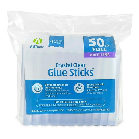 AdTech Crystal Clear Glue Sticks (W220-14ZIP50) – Full Size, Crystal Clear, Hot Glue Gun Sticks. All-purpose glue sticks for crafting, scrapbooking & more. Pack of 50, 4 inches long, 0.44 inches diameter hot glue sticks.