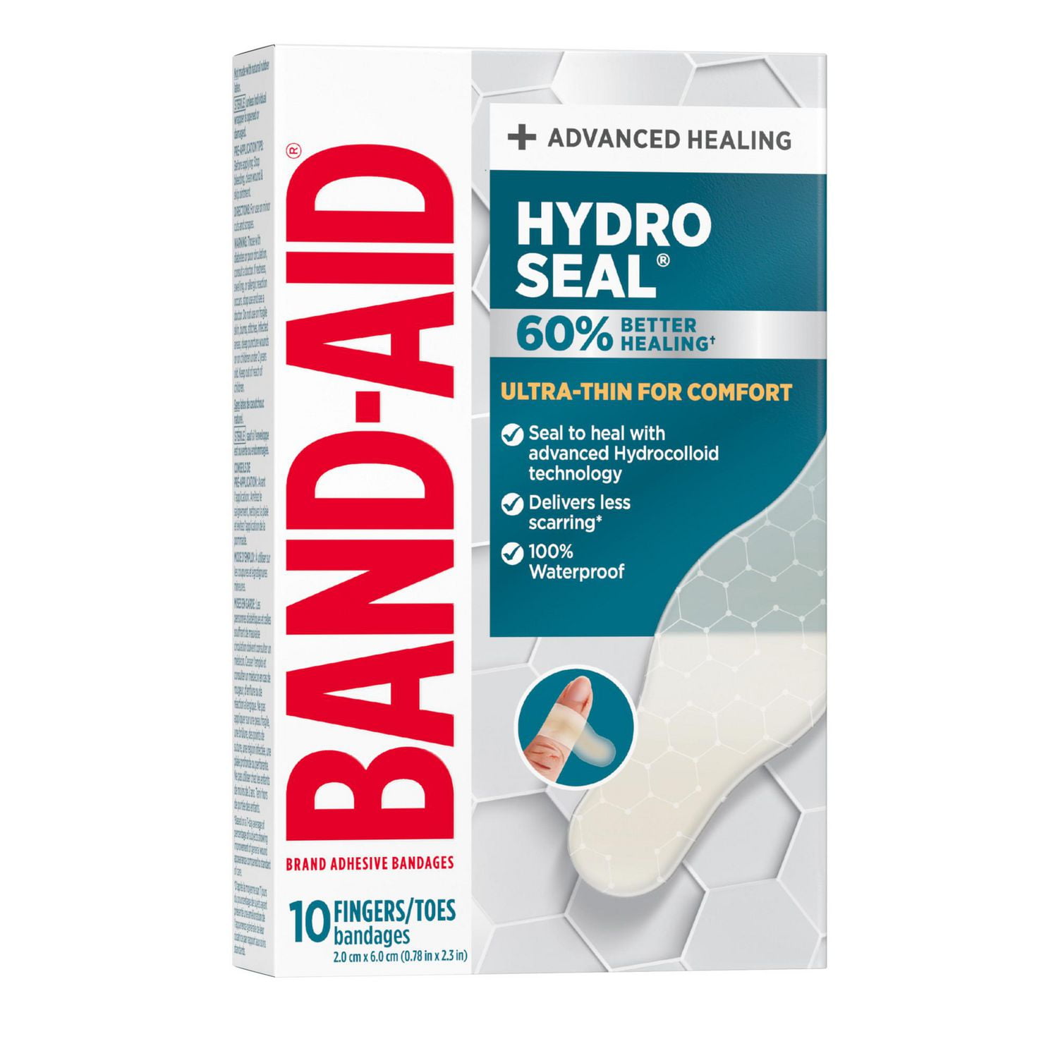 Pansements hydrocolloïdes ultraminces Hydro Seal de marque Band-Aid pour une cicatrisation avancée, pansements adhésifs 100 % imperméables pour la protection des plaies, doigts et orteils, 10 unités