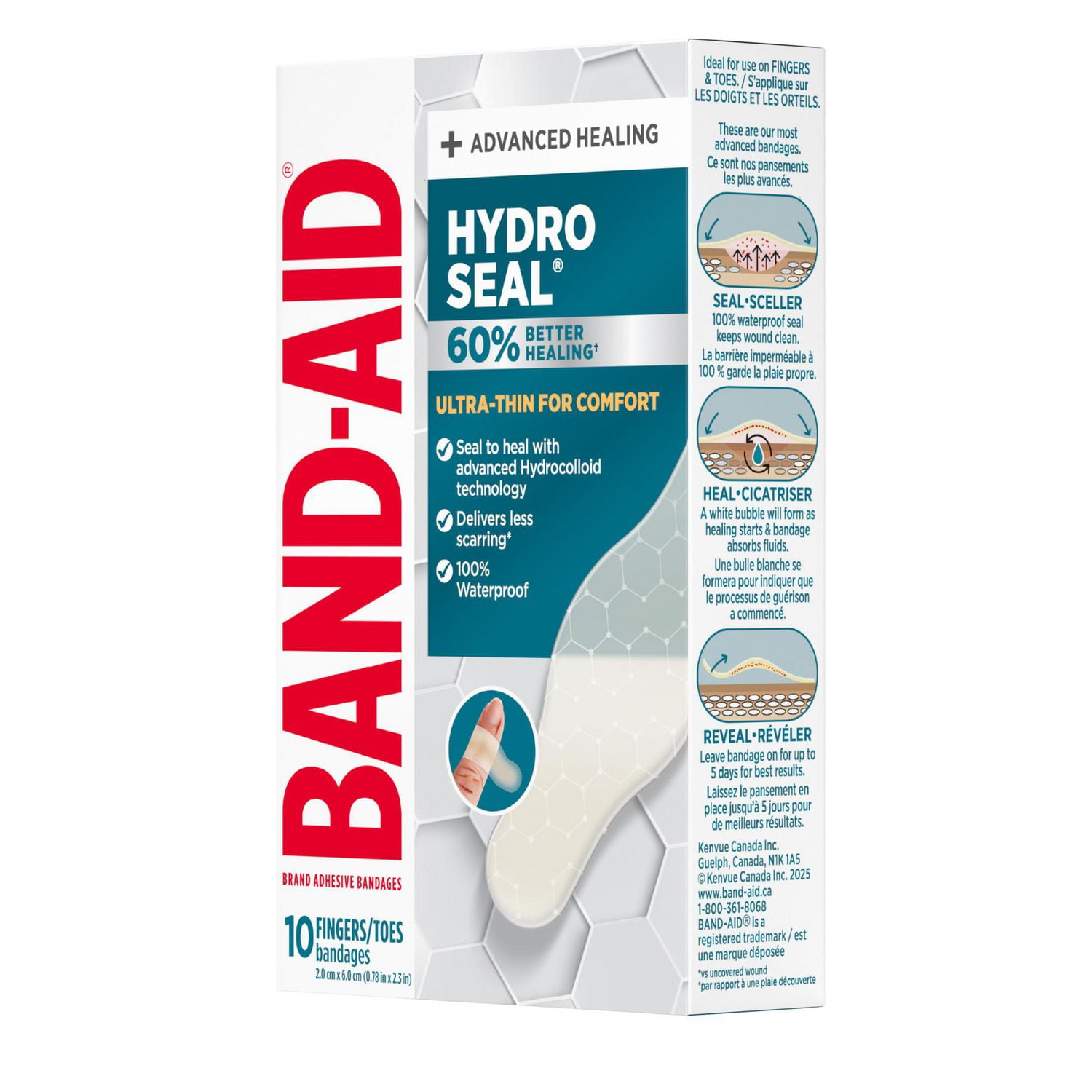 Pansements hydrocolloïdes ultraminces Hydro Seal de marque Band-Aid pour une cicatrisation avancée, pansements adhésifs 100 % imperméables pour la protection des plaies, doigts et orteils, 10 unités