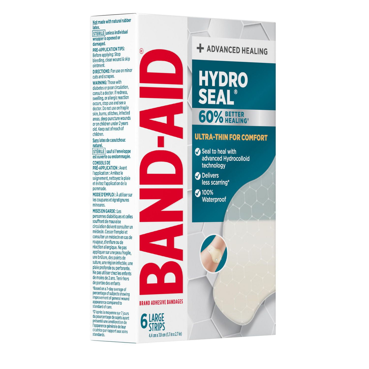 Pansements hydrocolloïdes ultraminces Hydro Seal de marque Band-Aid pour une cicatrisation avancée, pansements adhésifs 100 % imperméables pour la protection des plaies, grande taille, 6 unités