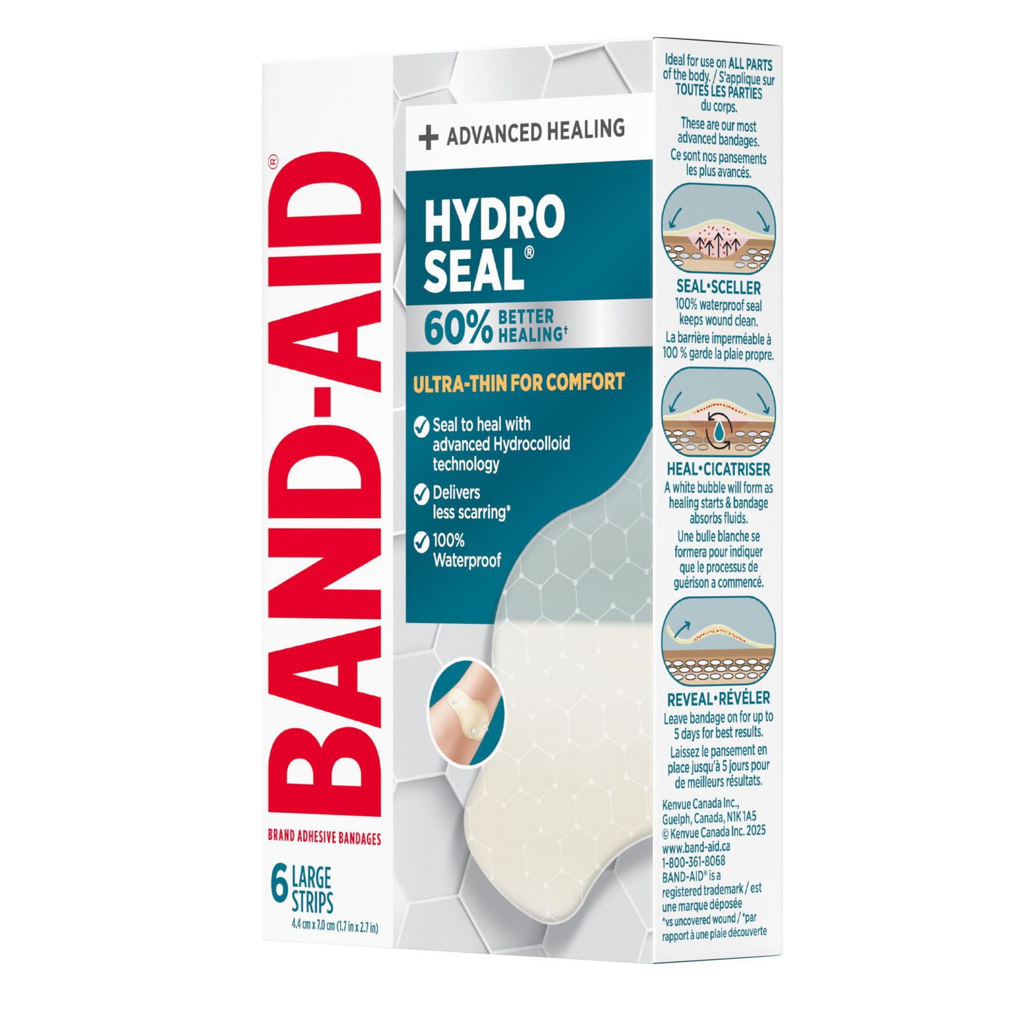 Pansements hydrocolloïdes ultraminces Hydro Seal de marque Band-Aid pour une cicatrisation avancée, pansements adhésifs 100 % imperméables pour la protection des plaies, grande taille, 6 unités